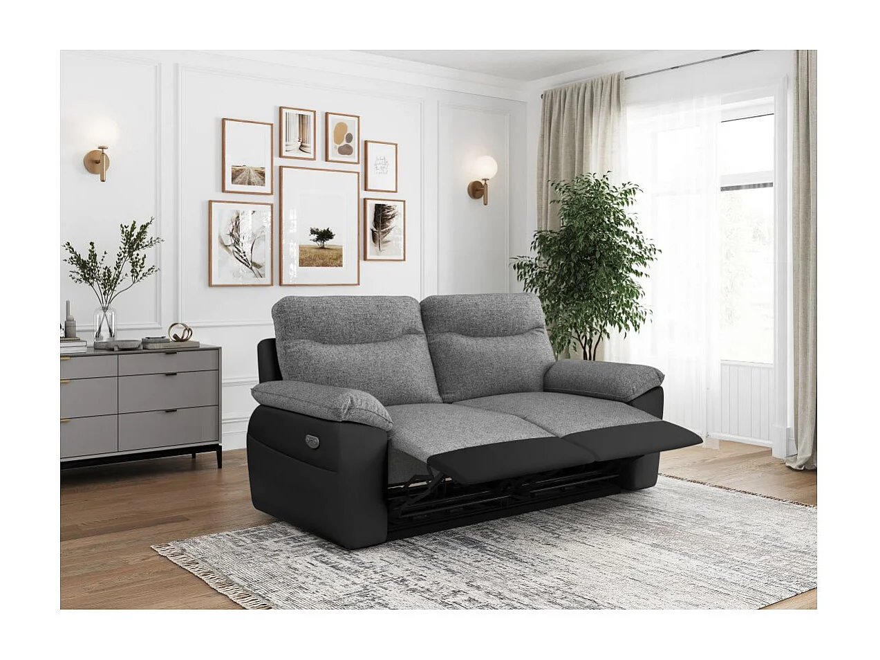 Canapé de relaxation électrique Ross 3 places en tissu et simili - Noir/Gris - L200 x P100 x H102cm - Loungitude