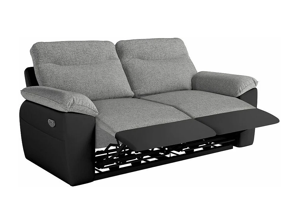 Canapé de relaxation électrique Ross 3 places en tissu et simili - Noir/Gris - L200 x P100 x H102cm - Loungitude