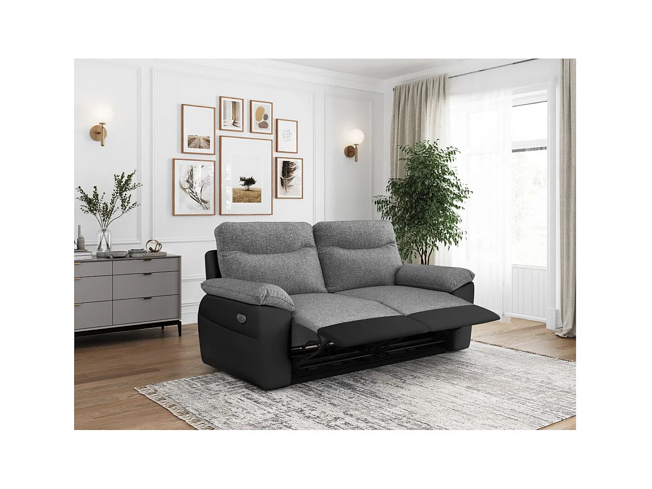 Canapé de relaxation électrique Ross 3 places en tissu et simili - Noir/Gris - L200 x P100 x H102cm - Loungitude