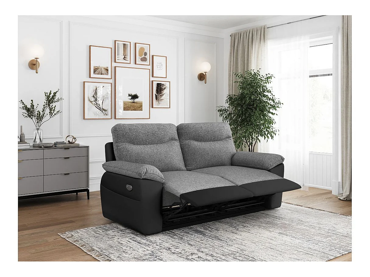 Canapé de relaxation électrique Ross 3 places en tissu et simili - Noir/Gris - L200 x P100 x H102cm - Loungitude
