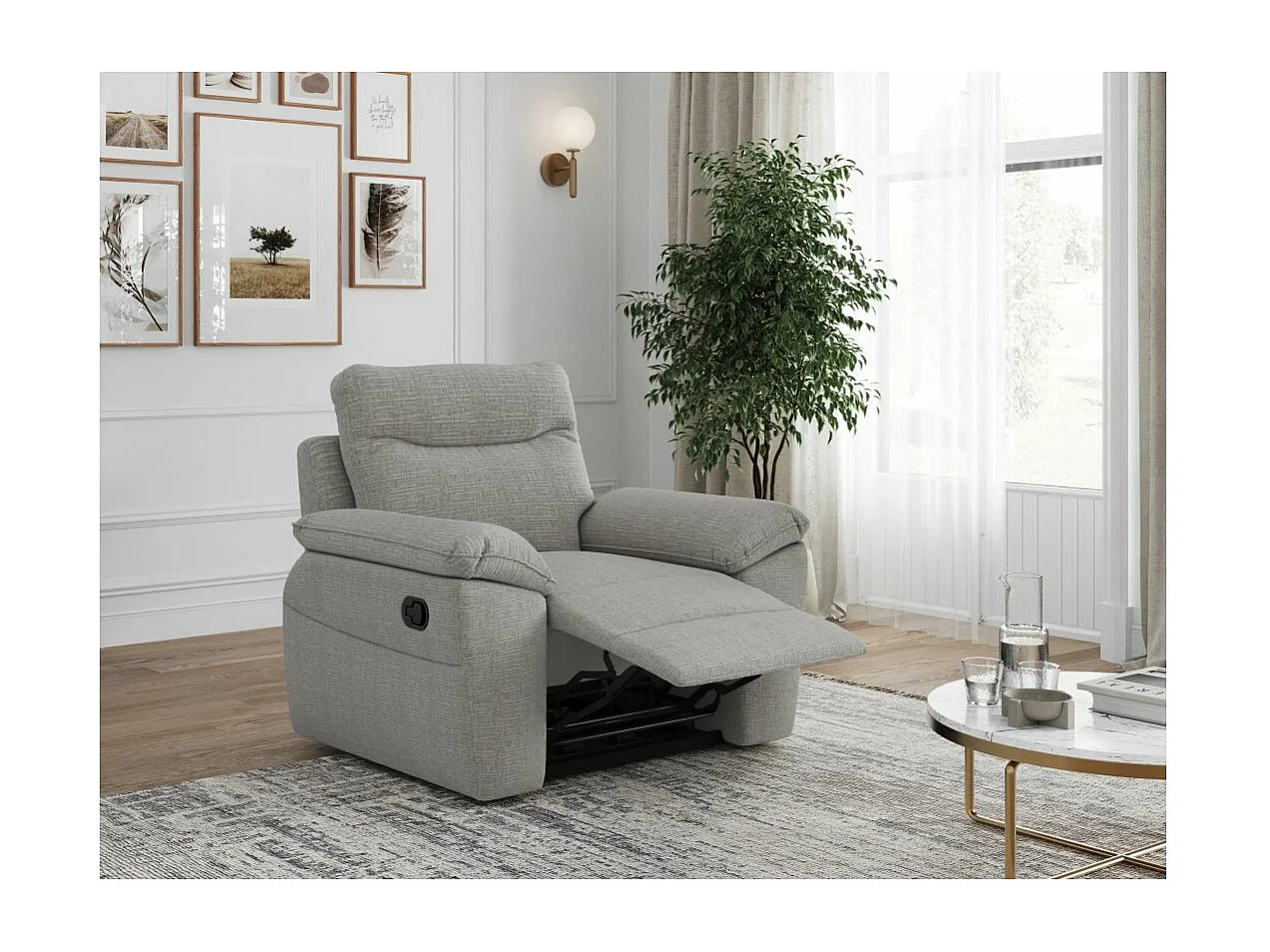 Fauteuil de relaxation manuel Ross en tissu texturé 3D - Gris clair - L101 x P100 x H102cm - Loungitude