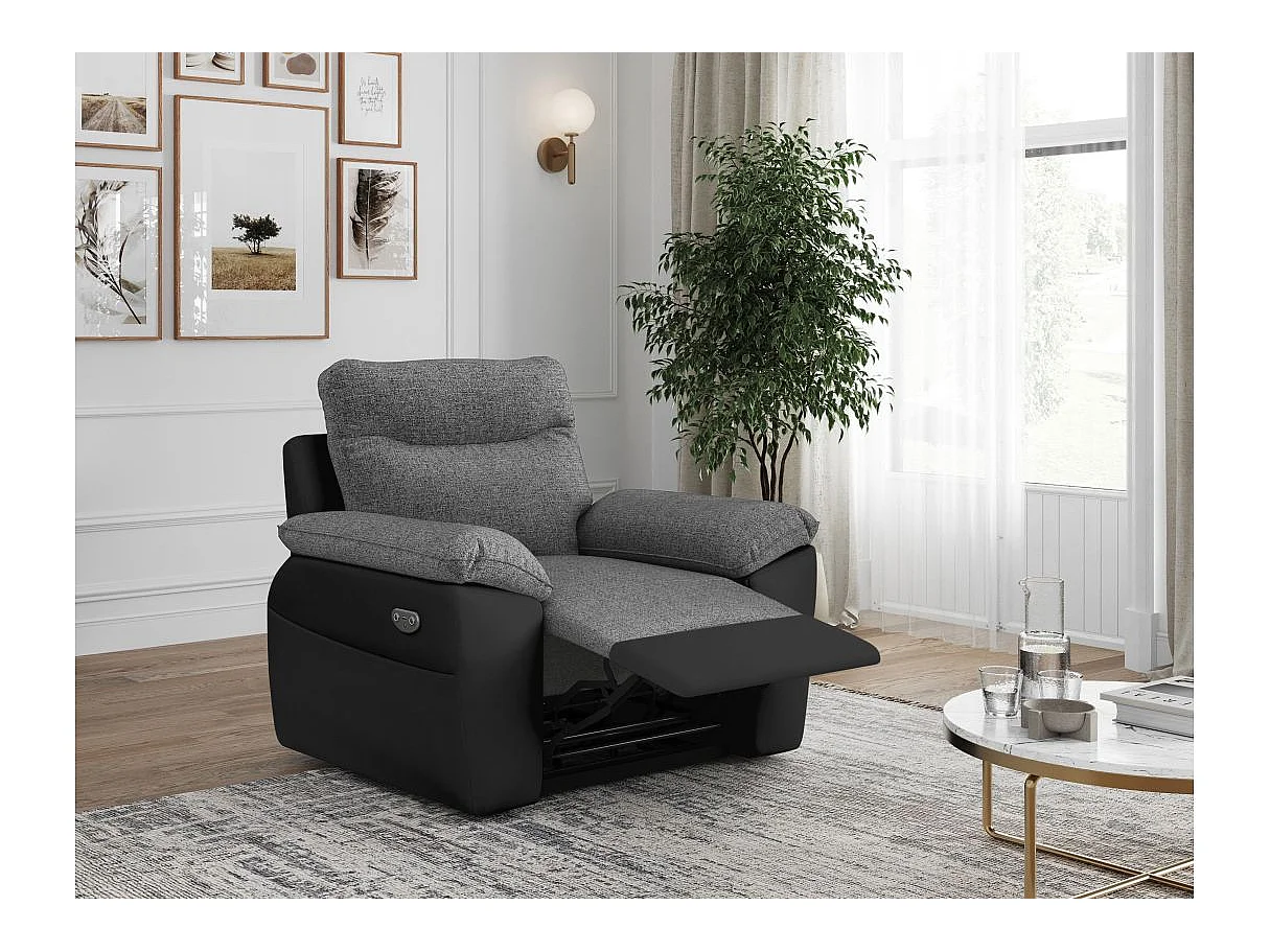 Fauteuil de relaxation électrique Ross en tissu et simili - Noir/Gris - L101 x P100 x H102cm - Loungitude