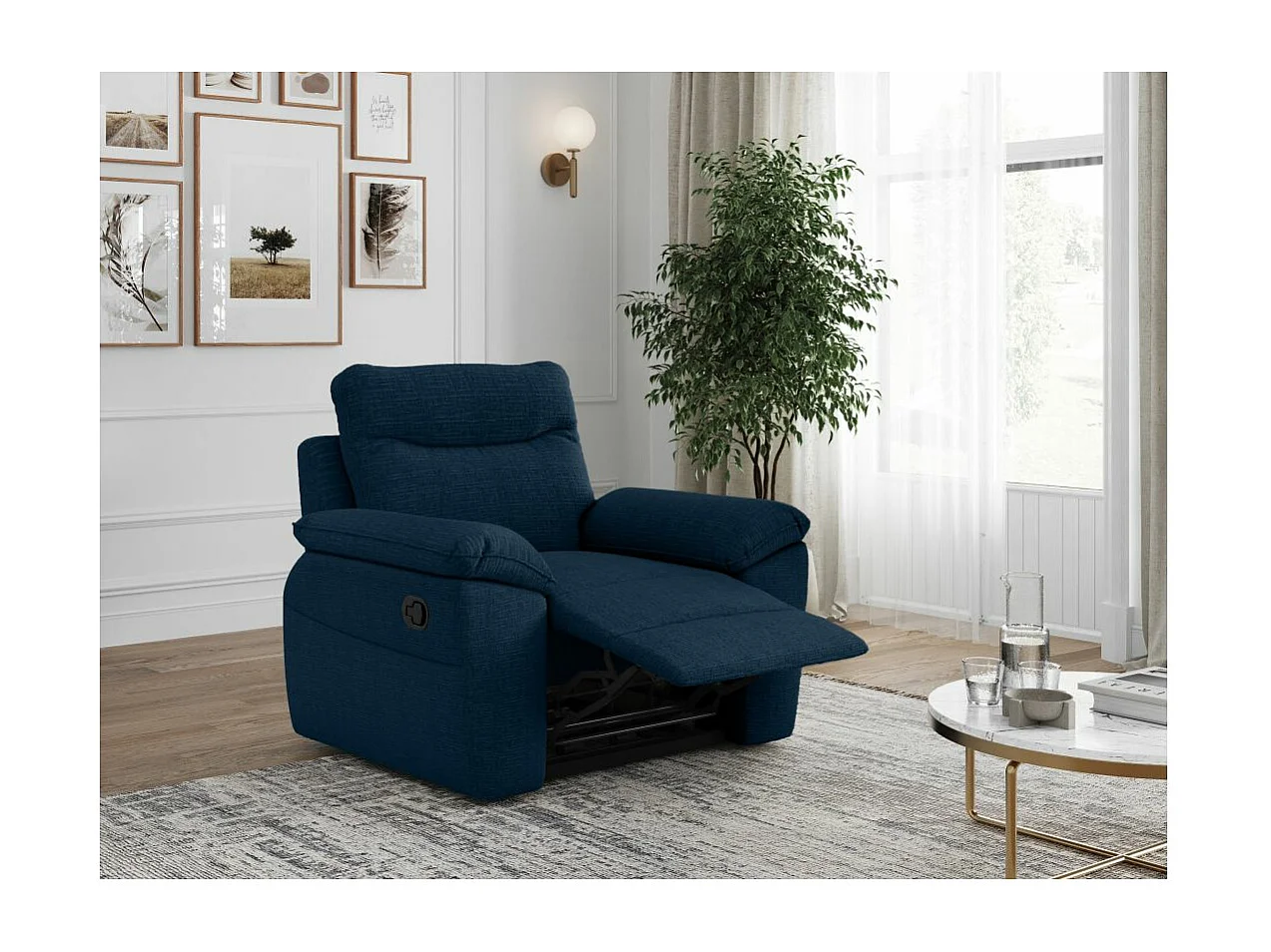 Fauteuil de relaxation manuel Ross en tissu texturé 3D - Bleu foncé - L101 x P100 x H102cm - Loungitude