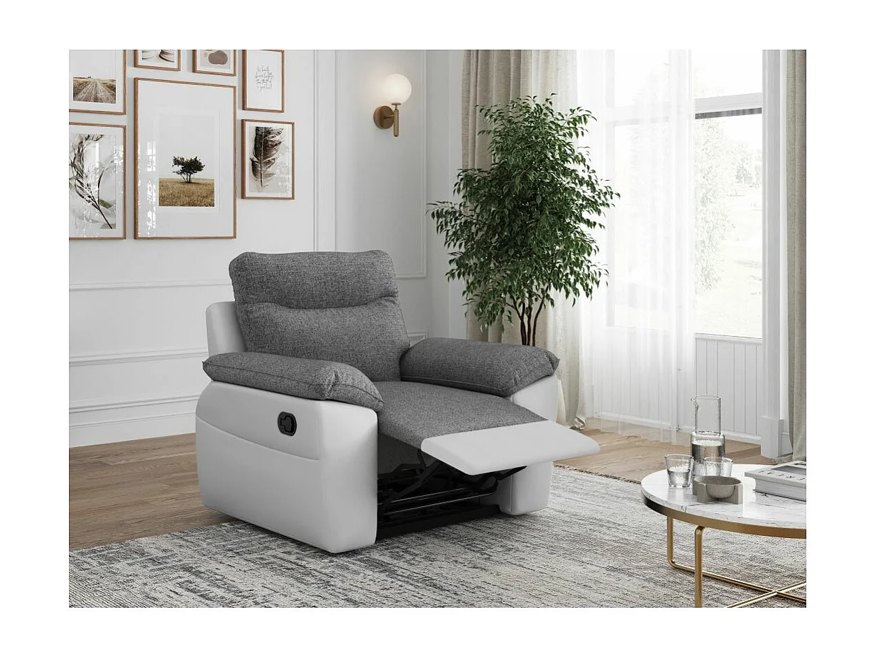 Fauteuil de relaxation manuel Ross en tissu et simili - Blanc/Gris - L101 x P100 x H102cm - Loungitude