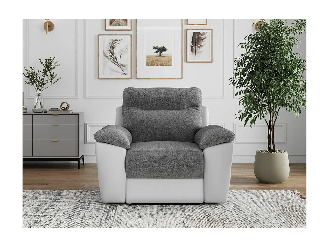 Fauteuil de relaxation manuel Ross en tissu et simili - Blanc/Gris - L101 x P100 x H102cm - Loungitude