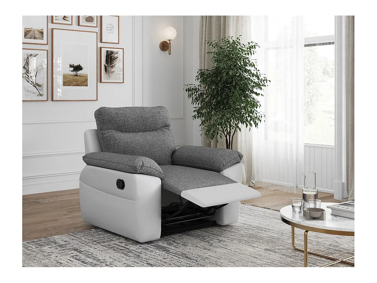 Fauteuil de relaxation manuel Ross en tissu et simili - Blanc/Gris - L101 x P100 x H102cm - Loungitude