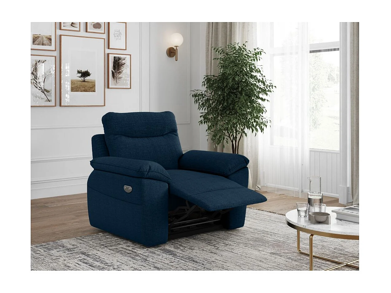 Fauteuil de relaxation électrique Ross en tissu texturé 3D - Bleu foncé - L101 x P100 x H102cm - Loungitude