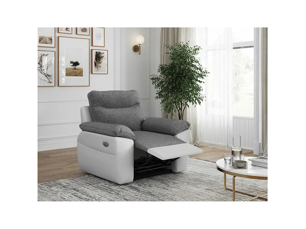 Fauteuil de relaxation électrique Ross en tissu et simili - Blanc/Gris - L101 x P100 x H102cm - Loungitude