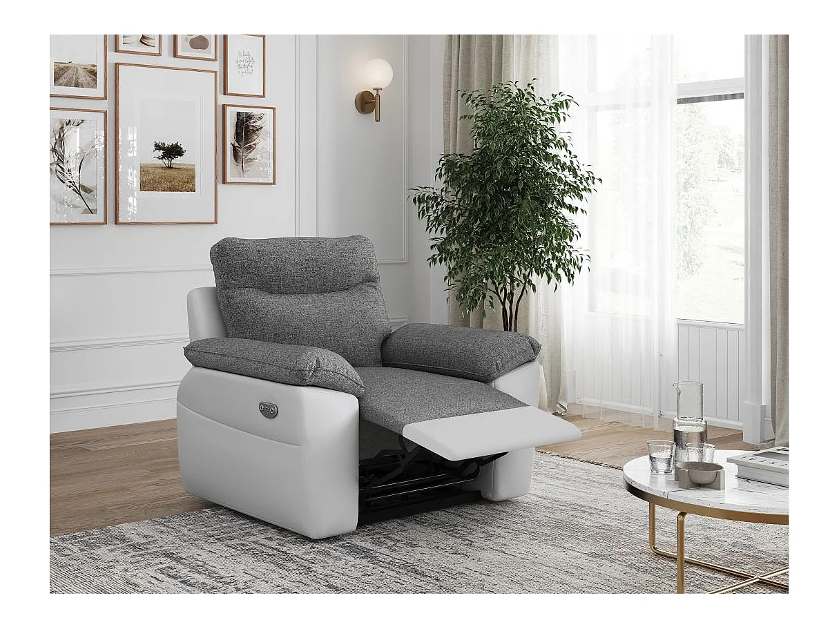 Fauteuil de relaxation électrique Ross en tissu et simili - Blanc/Gris - L101 x P100 x H102cm - Loungitude