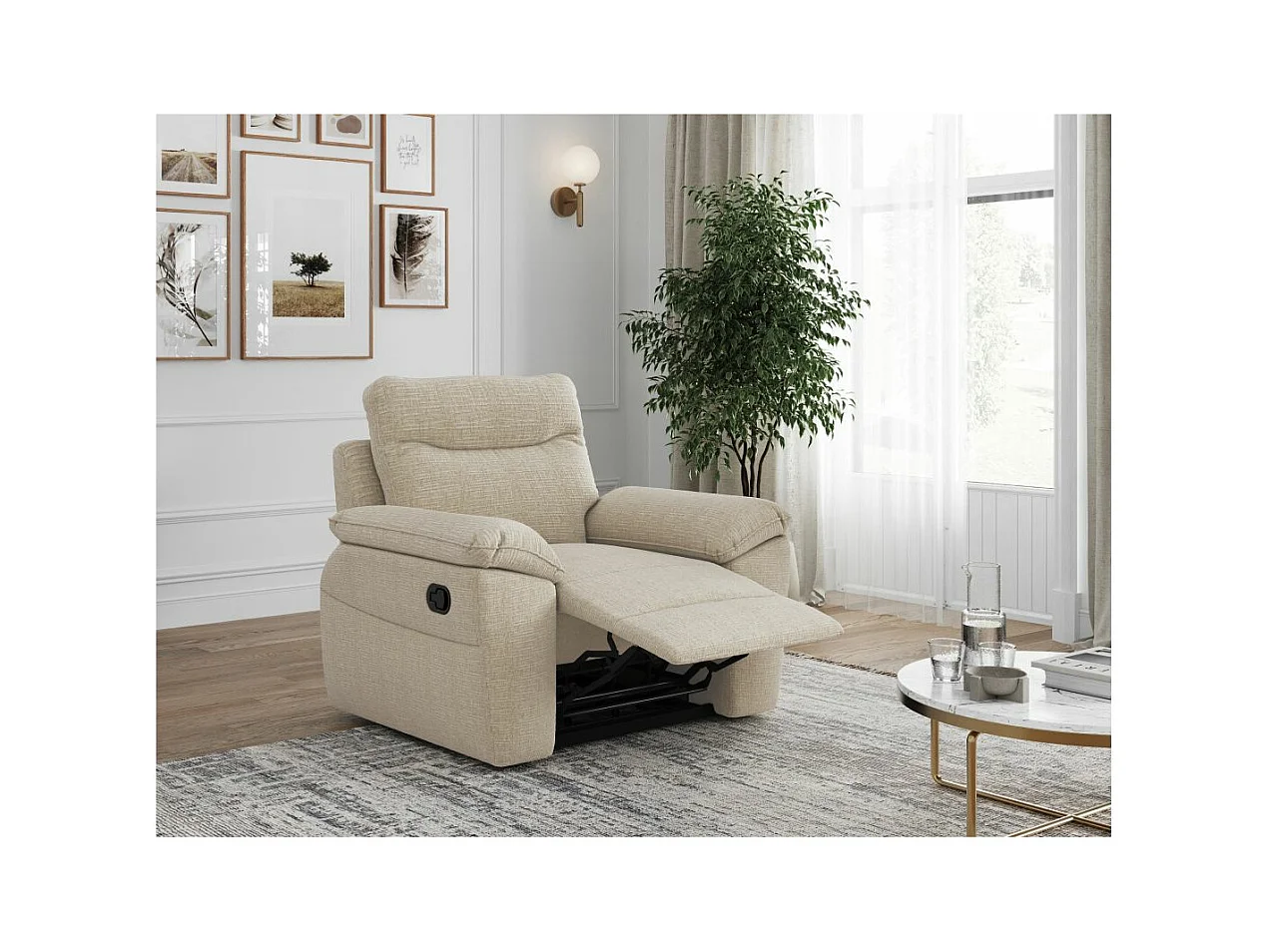 Fauteuil de relaxation manuel Ross en tissu texturé 3D - Beige - L101 x P100 x H102cm - Loungitude