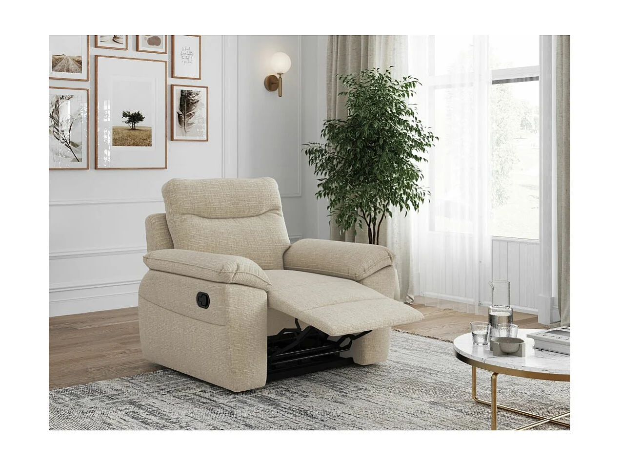 Fauteuil de relaxation manuel Ross en tissu texturé 3D - Beige - L101 x P100 x H102cm - Loungitude