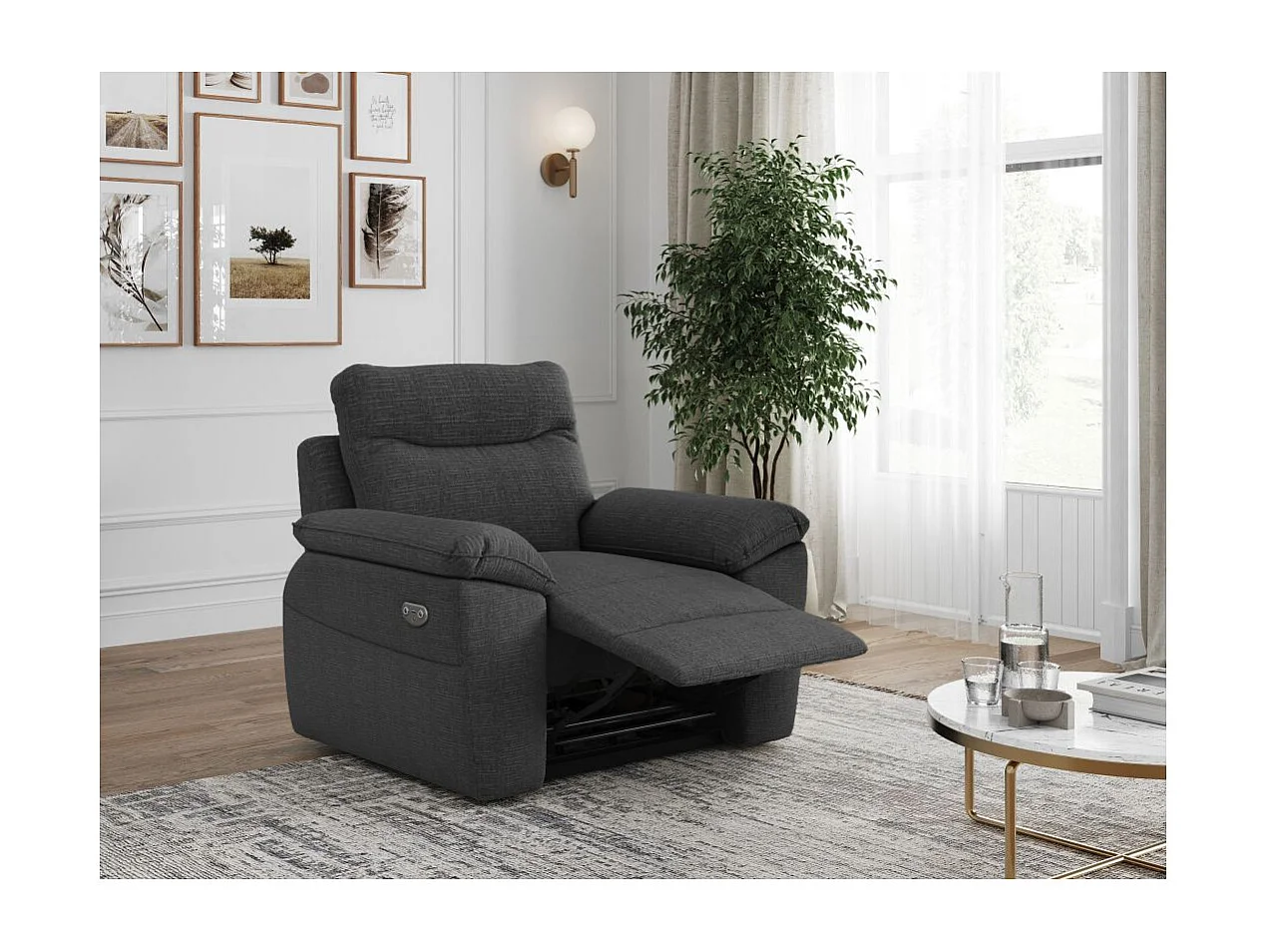 Fauteuil de relaxation électrique Ross en tissu texturé 3D - Gris anthracite - L101 x P100 x H102cm - Loungitude