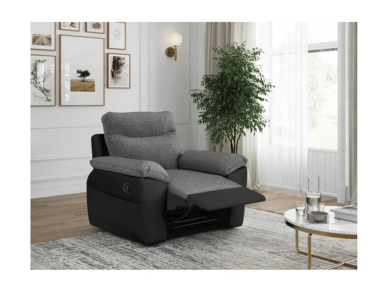 Fauteuil de relaxation manuel Ross en tissu et simili - Noir/Gris - L101 x P100 x H102cm - Loungitude