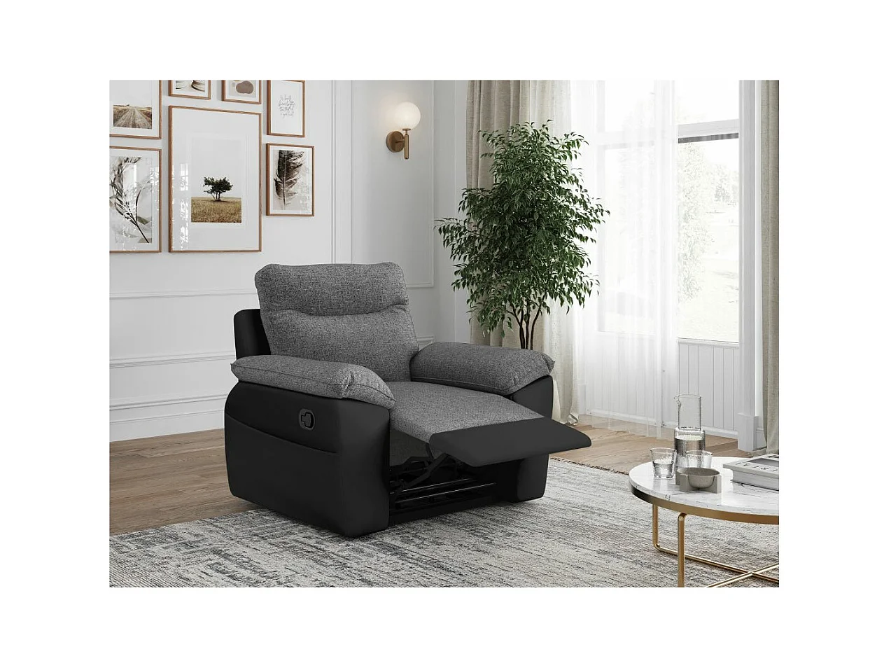 Fauteuil de relaxation manuel Ross en tissu et simili - Noir/Gris - L101 x P100 x H102cm - Loungitude
