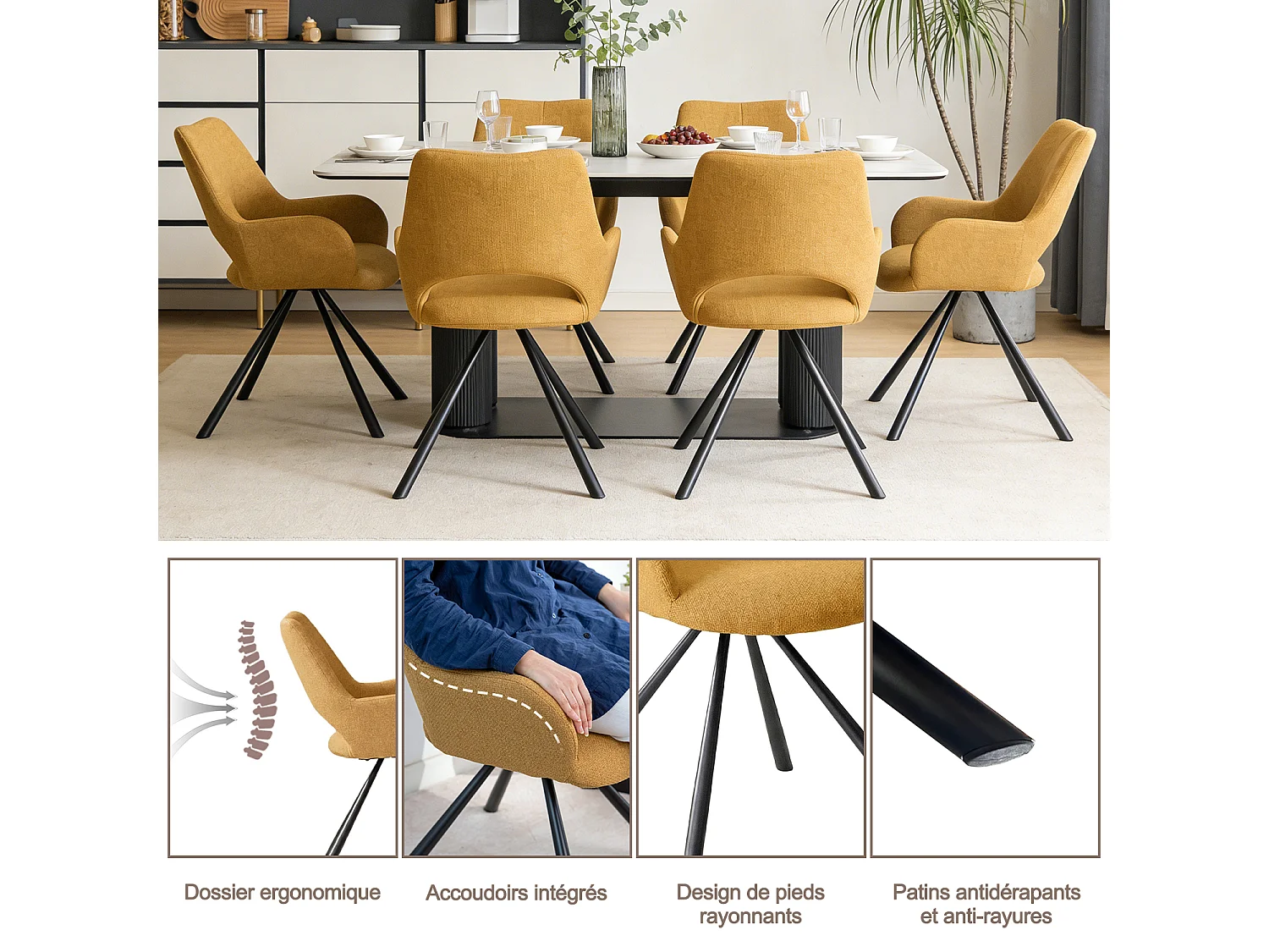 Lot de 2 chaises de salle à manger fauteuil de table en tissu style scandinave
