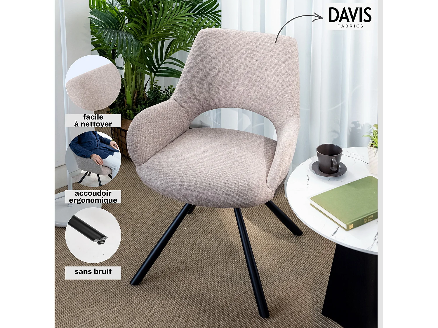 Lot de 4 chaises de salle à manger fauteuil de table en tissu style scandinave