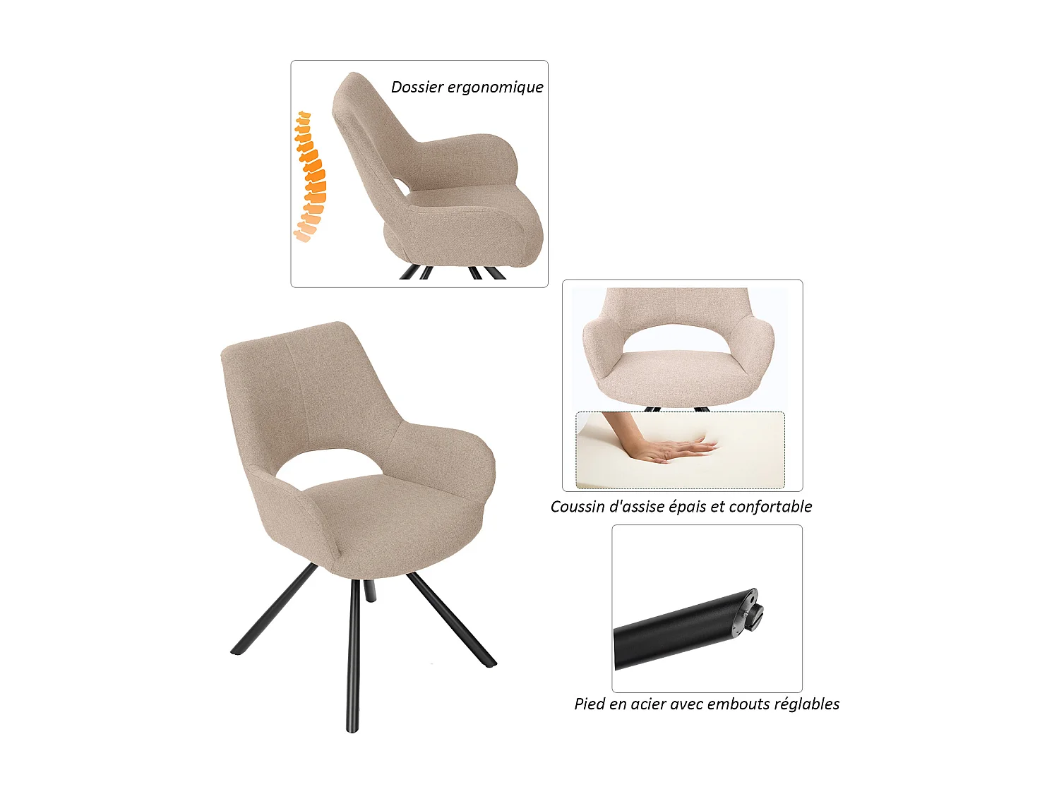 Lot de 4 chaises de salle à manger fauteuil de table en tissu style scandinave