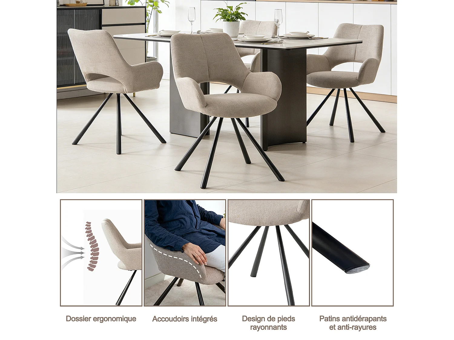 Lot de 4 chaises de salle à manger fauteuil de table en tissu style scandinave