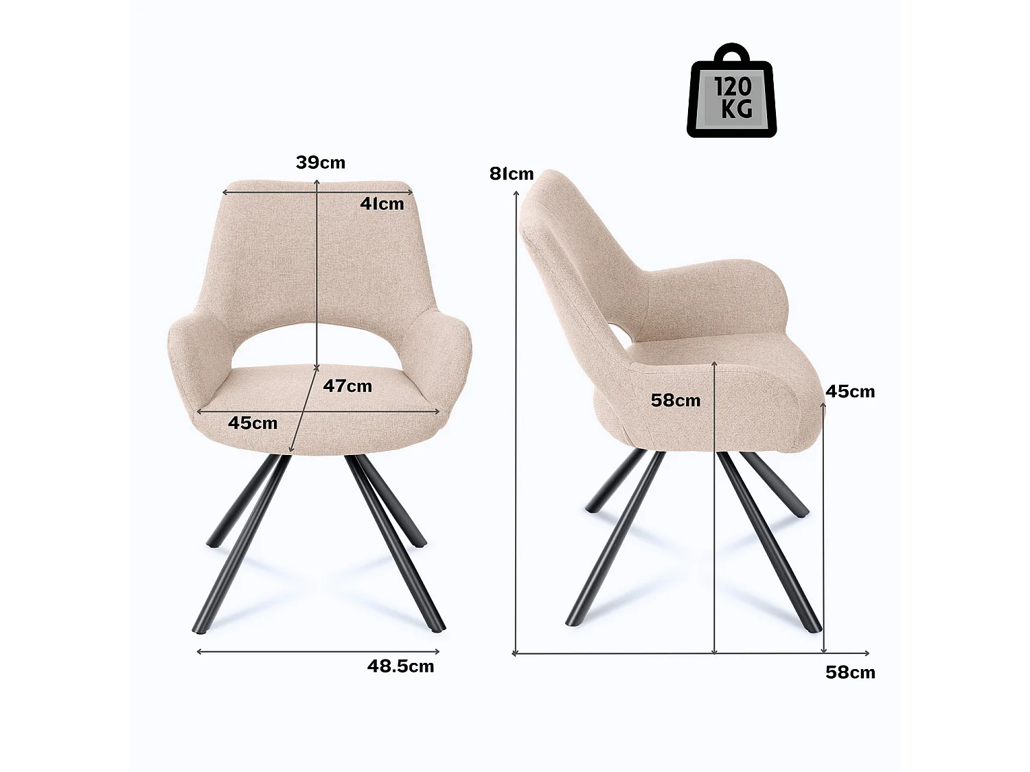 Lot de 4 chaises de salle à manger fauteuil de table en tissu style scandinave
