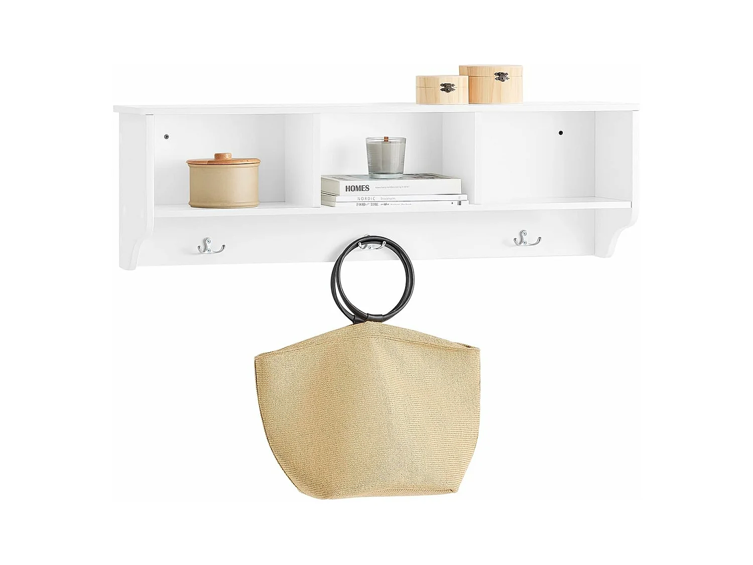 SoBuy FHK35-W Porte Manteau Mural, Étagère de Rangement, Meuble d'Entrée avec 3 Compartiments et 3 Crochets, L100xP20xH30