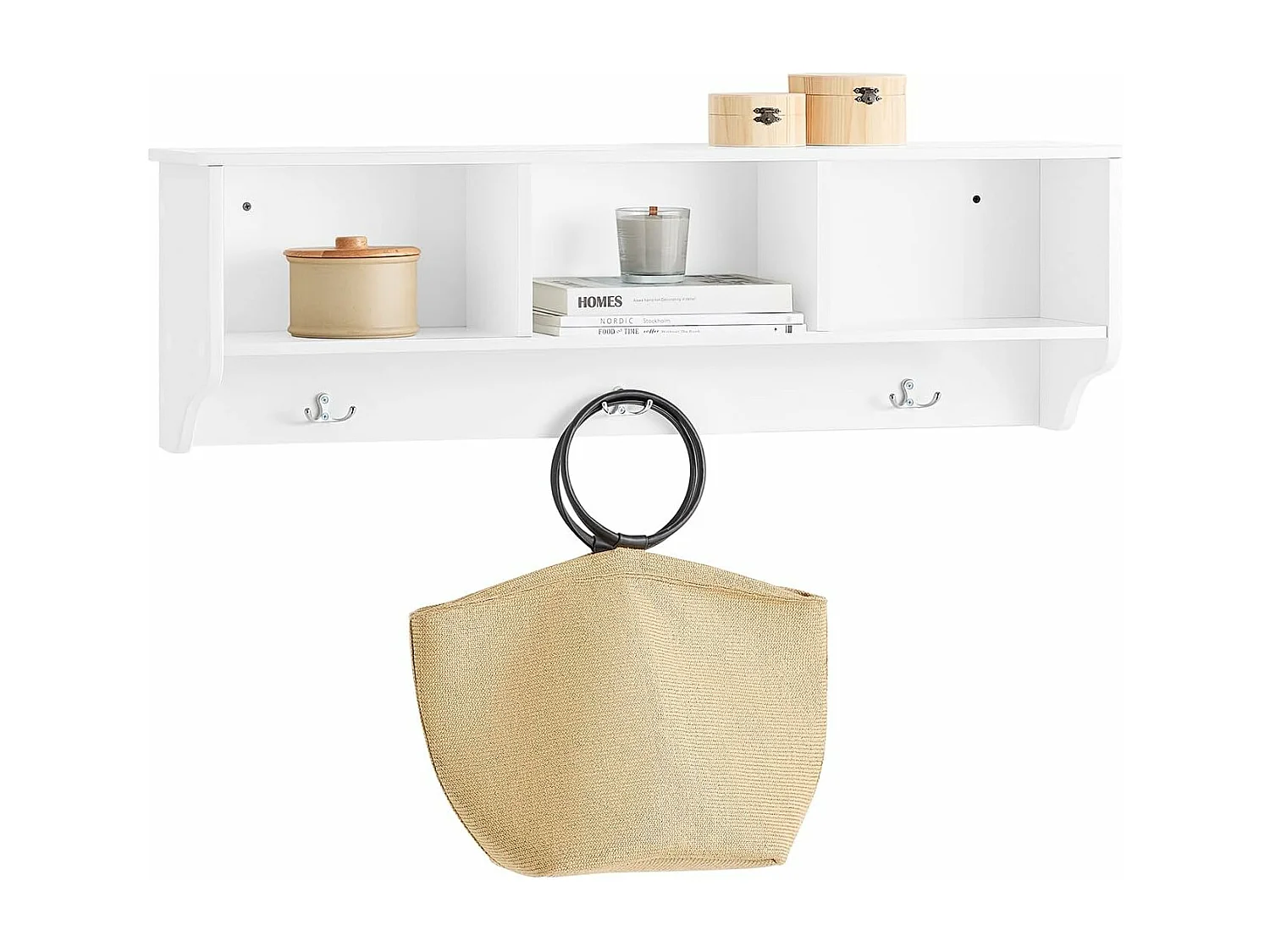 SoBuy FHK35-W Porte Manteau Mural, Étagère de Rangement, Meuble d'Entrée avec 3 Compartiments et 3 Crochets, L100xP20xH30
