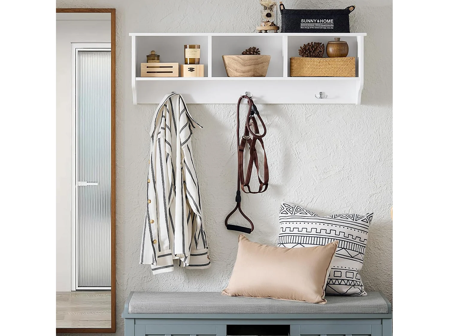 SoBuy FHK35-W Porte Manteau Mural, Étagère de Rangement, Meuble d'Entrée avec 3 Compartiments et 3 Crochets, L100xP20xH30