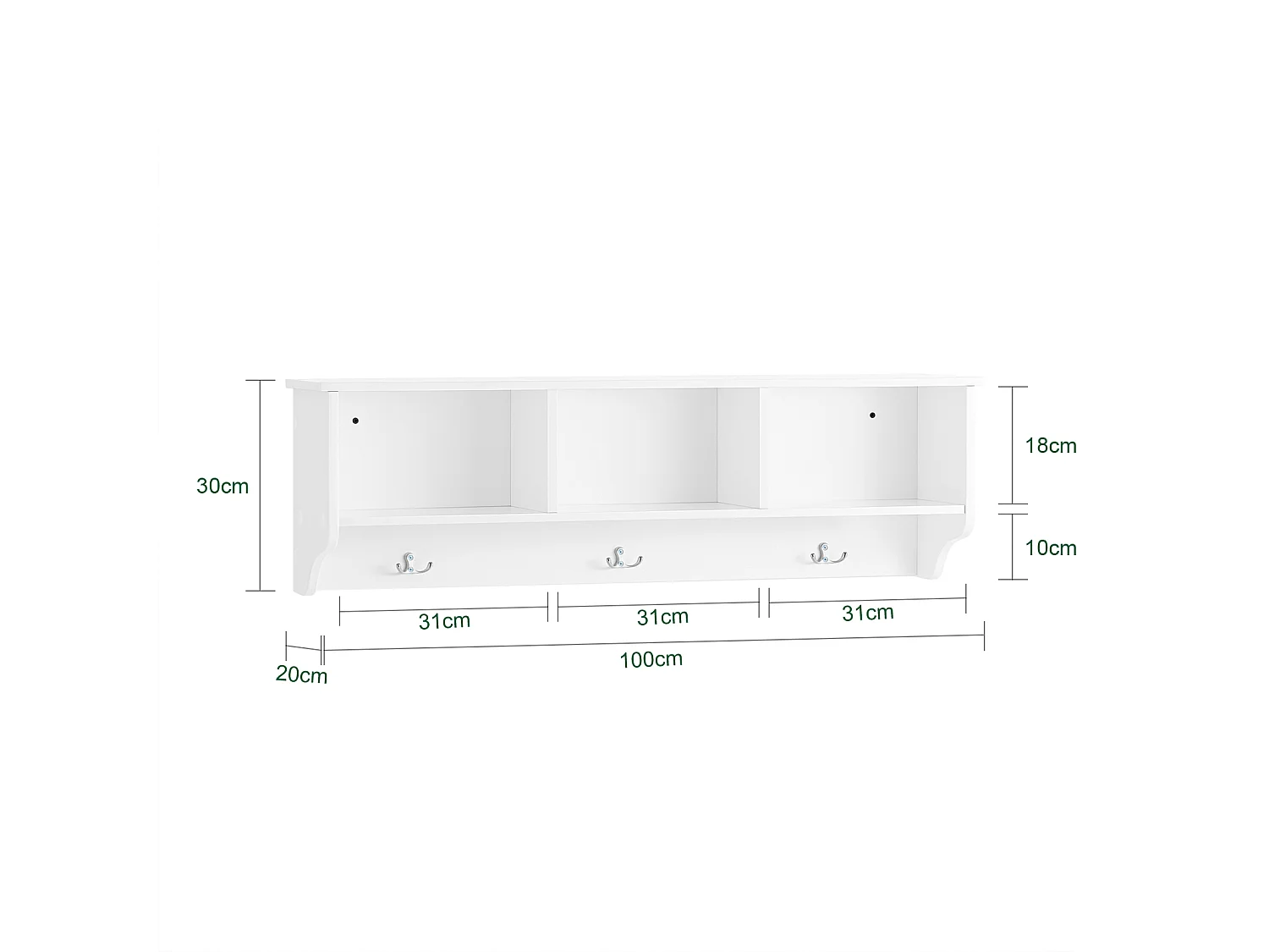 SoBuy FHK35-W Porte Manteau Mural, Étagère de Rangement, Meuble d'Entrée avec 3 Compartiments et 3 Crochets, L100xP20xH30