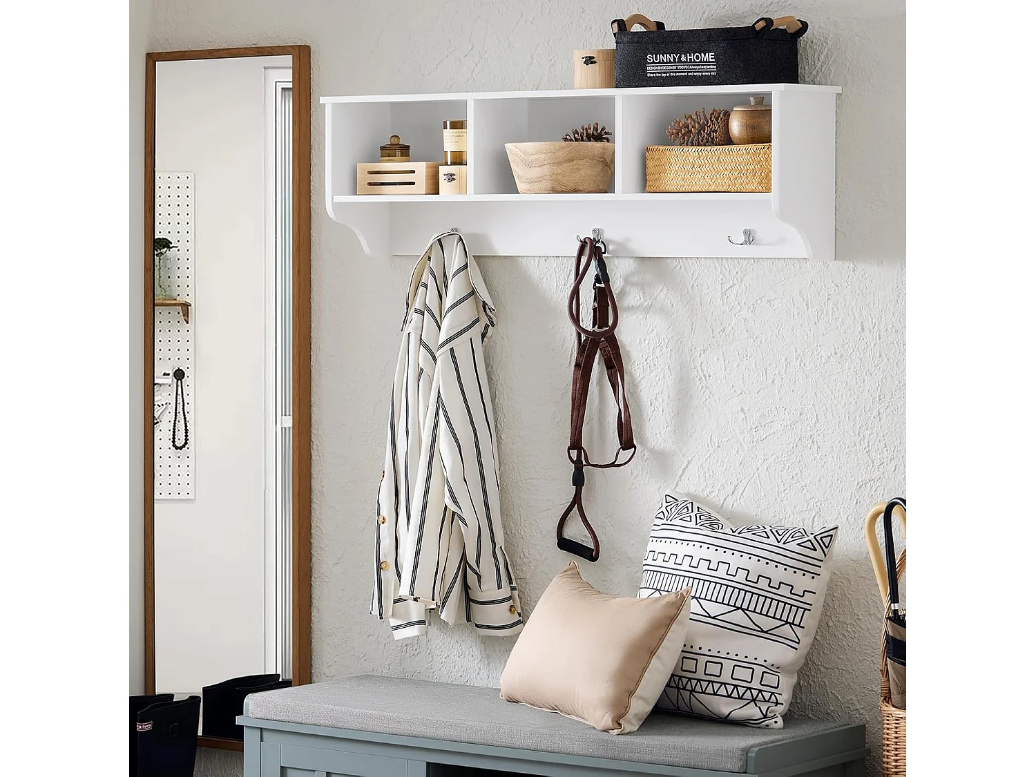 SoBuy FHK35-W Porte Manteau Mural, Étagère de Rangement, Meuble d'Entrée avec 3 Compartiments et 3 Crochets, L100xP20xH30