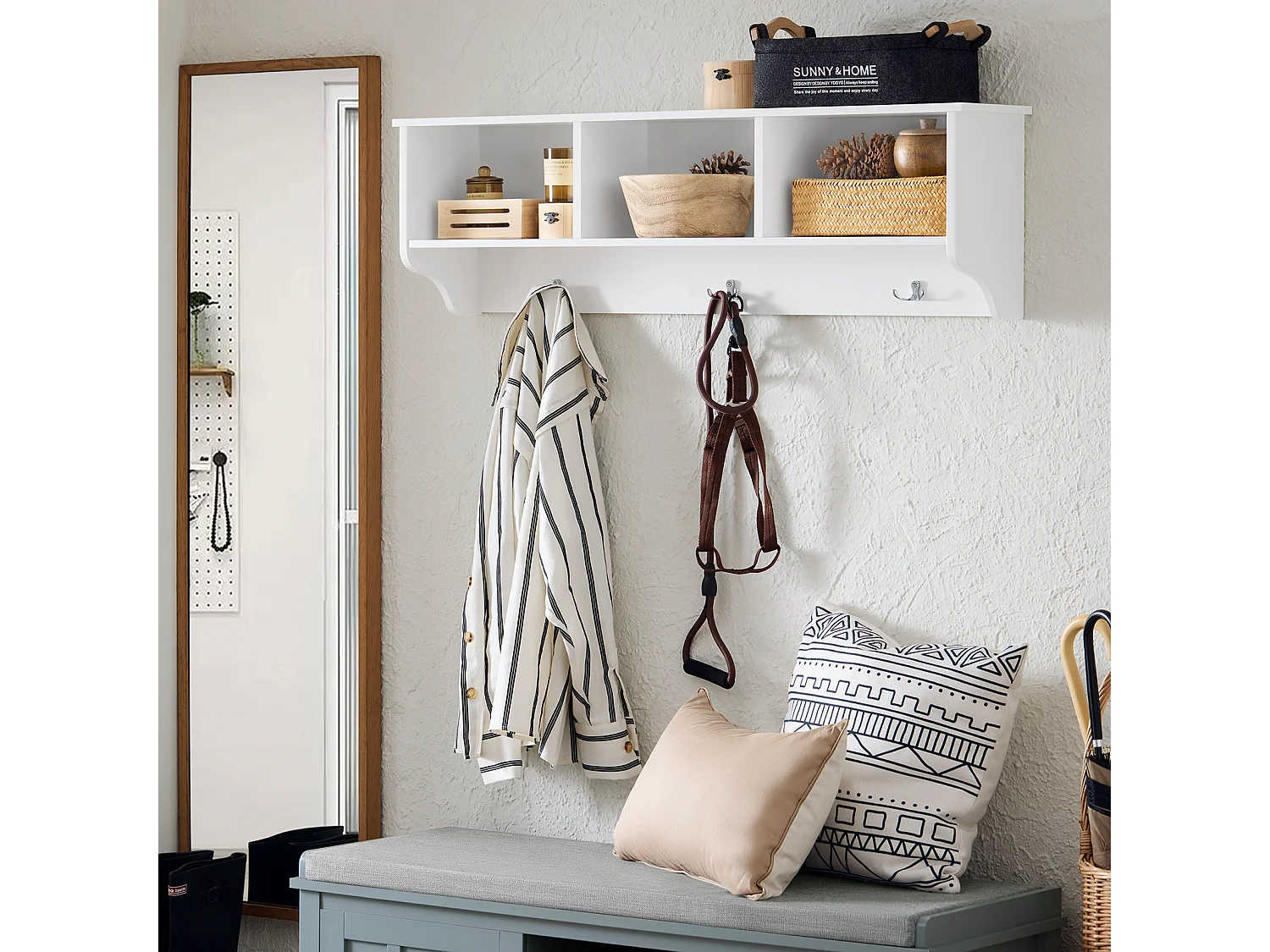 SoBuy FHK35-W Porte Manteau Mural, Étagère de Rangement, Meuble d'Entrée avec 3 Compartiments et 3 Crochets, L100xP20xH30