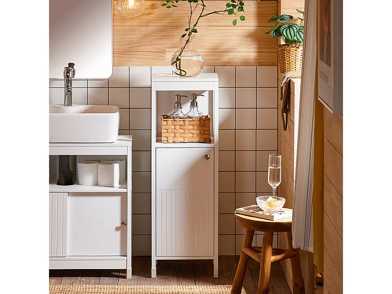 SoBuy BZR186-W Meuble Bas Salle de Bain Meuble de Rangement Armoire Toilette Meuble WC , 1 Compartiment Ouvert et 2 Étages