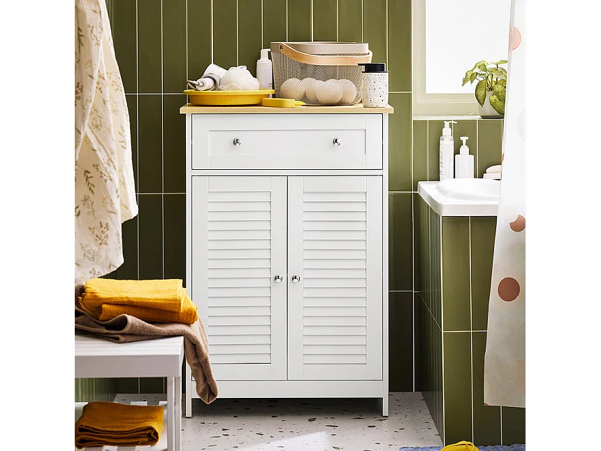 SoBuy FRG238-WN Meuble Bas de Salle de Bain, Commode pour Salle de Bain, Placard de Rangement avec étagère réglable, 1 Tiroir et 2 Portes, Blanc, 60x35x88 cm