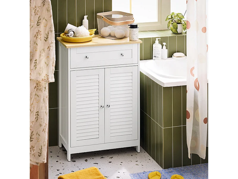 SoBuy FRG238-WN Meuble Bas de Salle de Bain, Commode pour Salle de Bain, Placard de Rangement avec étagère réglable, 1 Tiroir et 2 Portes, Blanc, 60x35x88 cm
