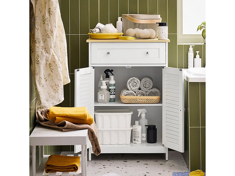 SoBuy FRG238-WN Meuble Bas de Salle de Bain, Commode pour Salle de Bain, Placard de Rangement avec étagère réglable, 1 Tiroir et 2 Portes, Blanc, 60x35x88 cm