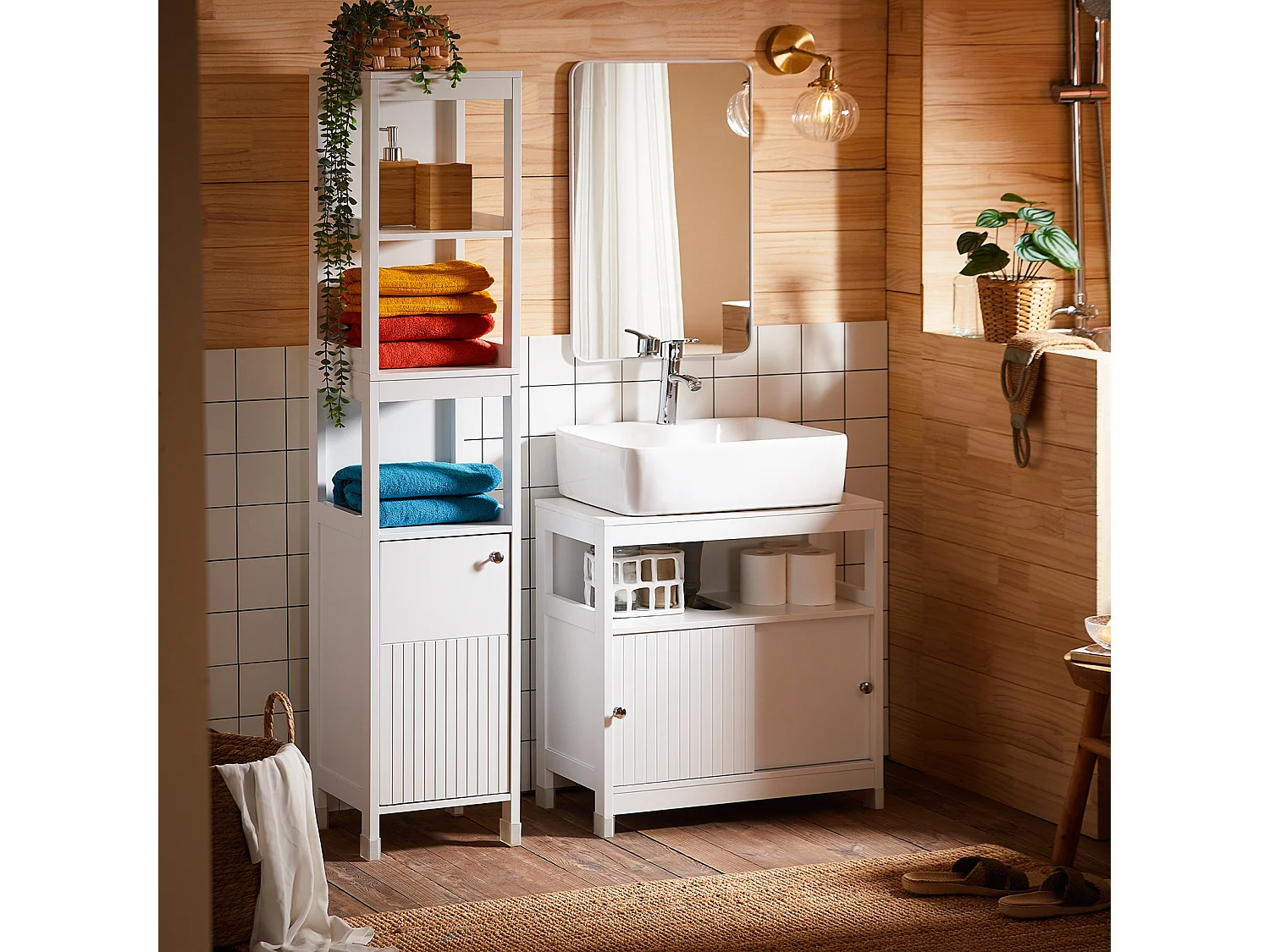 SoBuy BZR187-W Meuble Colonne de Salle de Bain, Armoire Haute, Placard de Rangement, 3 Compartiments Ouverts