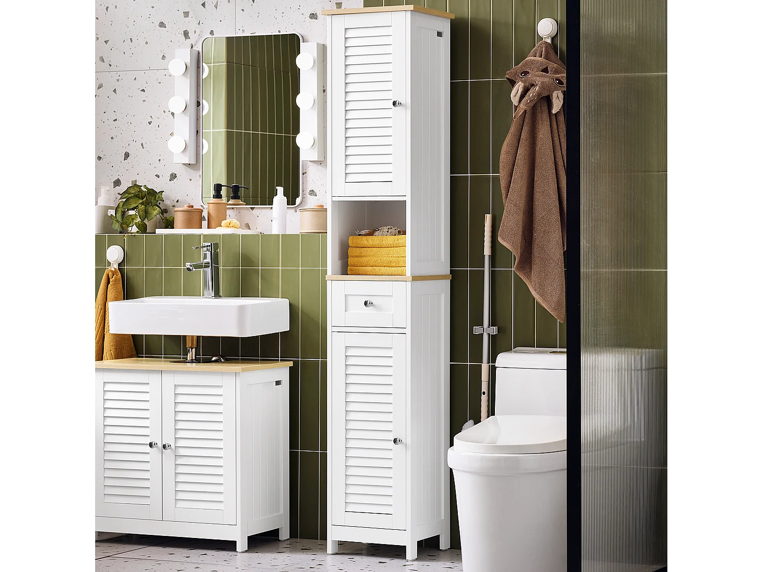 SoBuy FRG236-WN Meuble Colonne de Salle de Bain Armoire Haute Meuble de Rangement Placard de Rangement avec étagères réglables, L32cmxP30cmxH170cm, 1 Tiroir et 2 Po