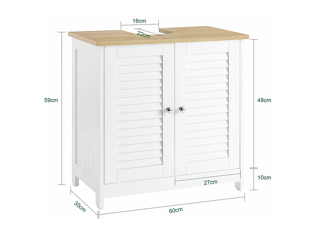 SoBuy Meuble Sous Lavabo, Meuble sous Vasque, Meuble Salle de Bain avec 2 Portes et 2 Étages, Placard de Rangement Salle de Bain, L60 x P35 x H59 cm, Blanc et Natur
