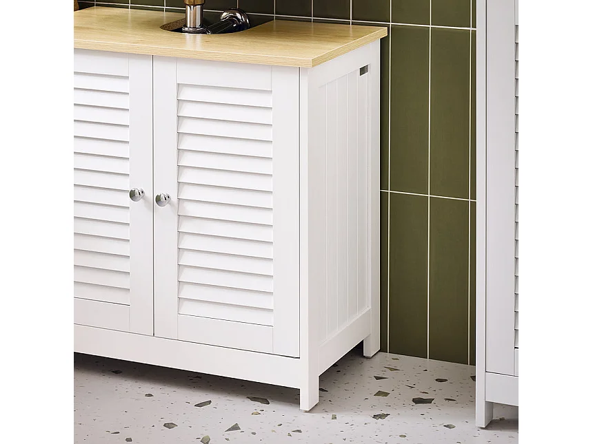 SoBuy Meuble Sous Lavabo, Meuble sous Vasque, Meuble Salle de Bain avec 2 Portes et 2 Étages, Placard de Rangement Salle de Bain, L60 x P35 x H59 cm, Blanc et Natur