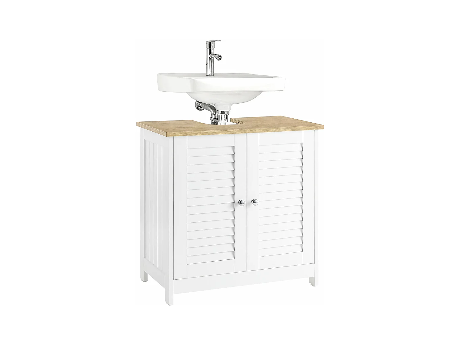 SoBuy Meuble Sous Lavabo, Meuble sous Vasque, Meuble Salle de Bain avec 2 Portes et 2 Étages, Placard de Rangement Salle de Bain, L60 x P35 x H59 cm, Blanc et Natur