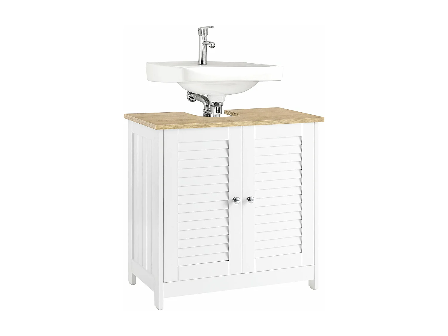 SoBuy Meuble Sous Lavabo, Meuble sous Vasque, Meuble Salle de Bain avec 2 Portes et 2 Étages, Placard de Rangement Salle de Bain, L60 x P35 x H59 cm, Blanc et Natur