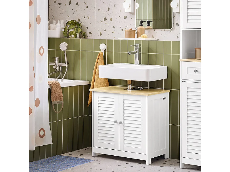 SoBuy Meuble Sous Lavabo, Meuble sous Vasque, Meuble Salle de Bain avec 2 Portes et 2 Étages, Placard de Rangement Salle de Bain, L60 x P35 x H59 cm, Blanc et Natur