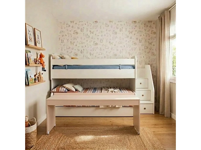 Cama midi com secretária e gaveta branco 90X200/90X190cm