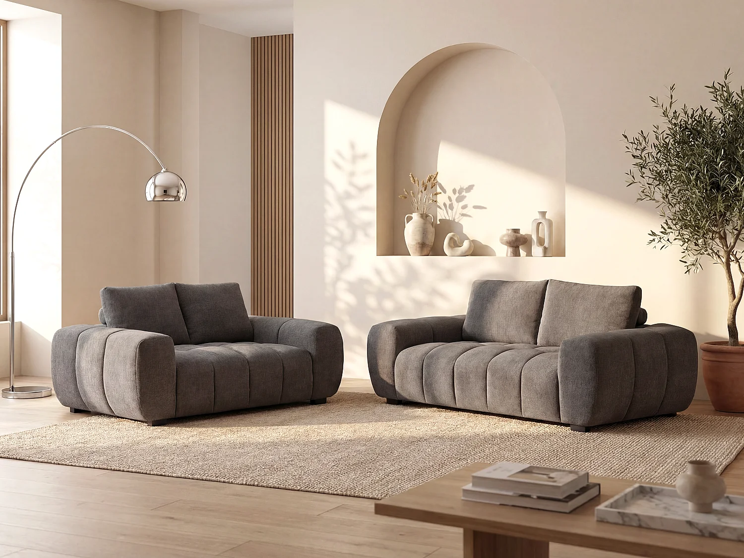 Canapé 2 places et 3 places en tissu gris texturé BERENIA