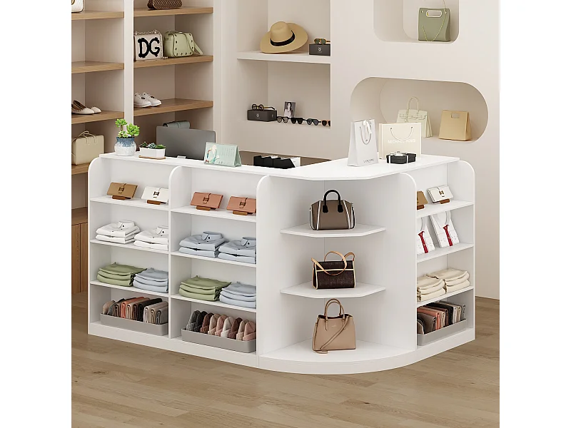 Comptoir de réception avec compartiments ouverts  étagères Tiroir verrouillable Salon Bureau Blanc 180x120x100cm