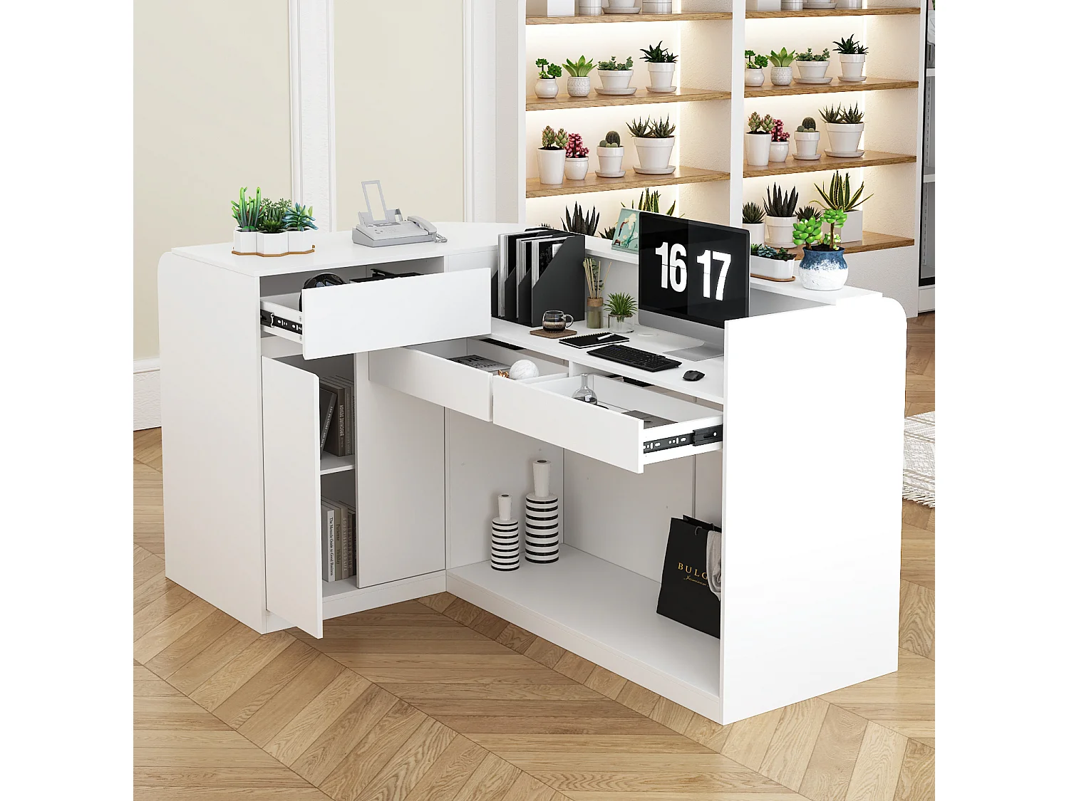 Comptoir de réception avec compartiments ouverts  étagères Tiroir verrouillable Salon Bureau Blanc 180x120x100cm