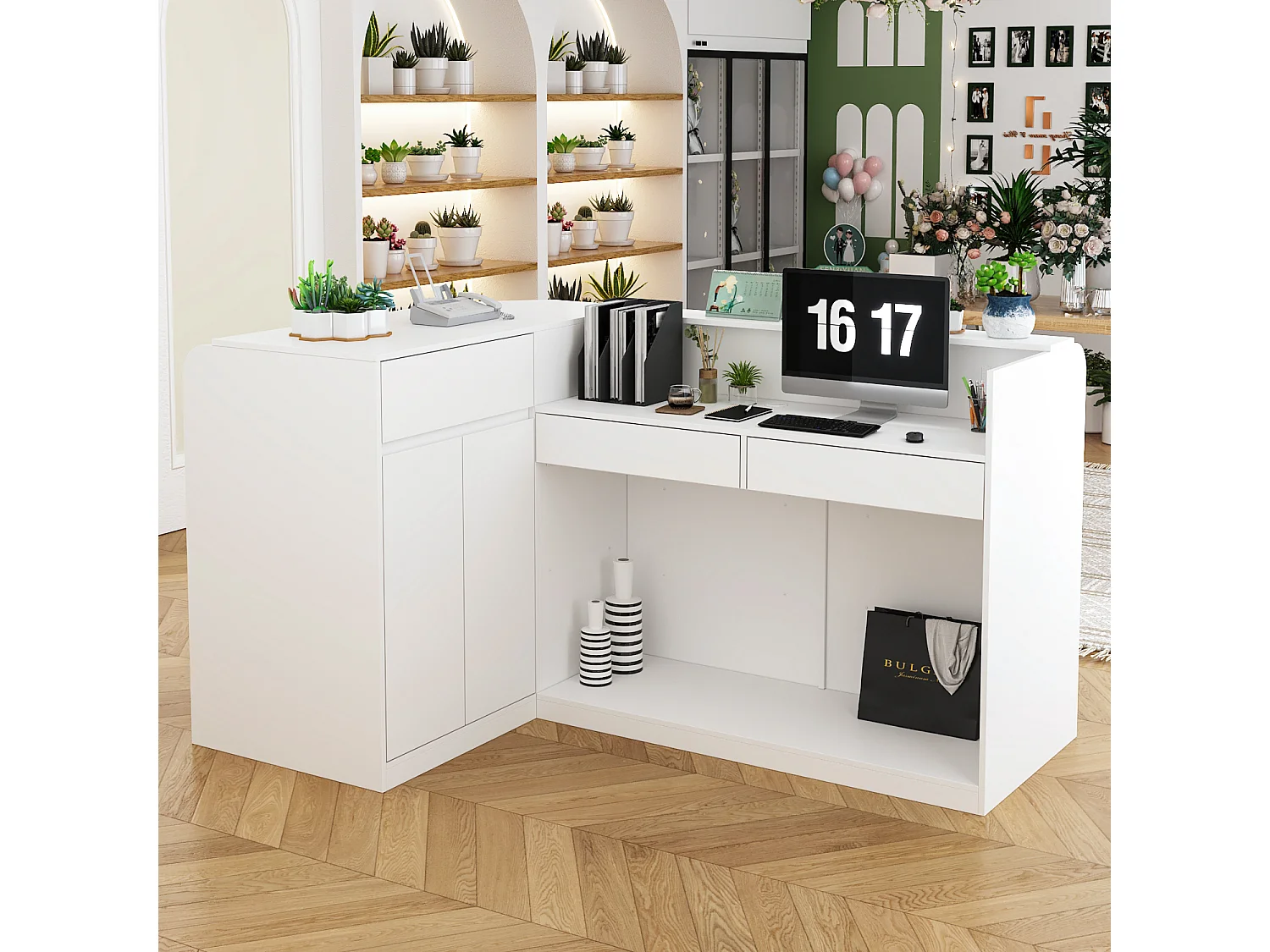 Comptoir de réception avec compartiments ouverts  étagères Tiroir verrouillable Salon Bureau Blanc 180x120x100cm