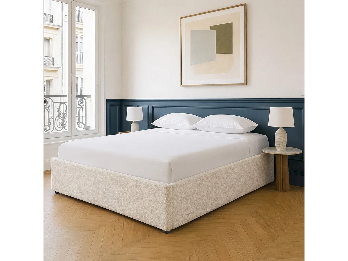 Lit coffre adulte 140x190 cm en tissu bouclé beige avec sommier - Handy