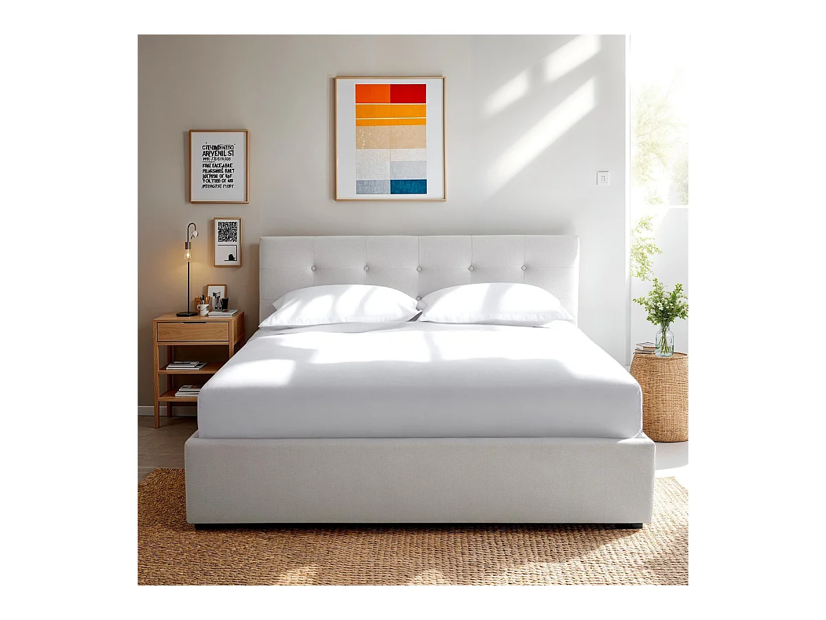 Lit coffre adulte 160x200 cm avec tête de lit matelassée en tissu beige et sommier - Tina