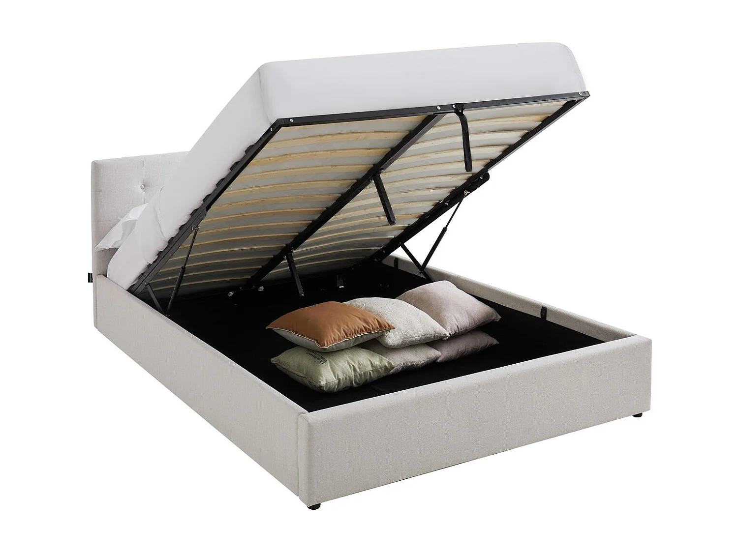 Lit coffre adulte 160x200 cm avec tête de lit matelassée en tissu beige et sommier - Tina