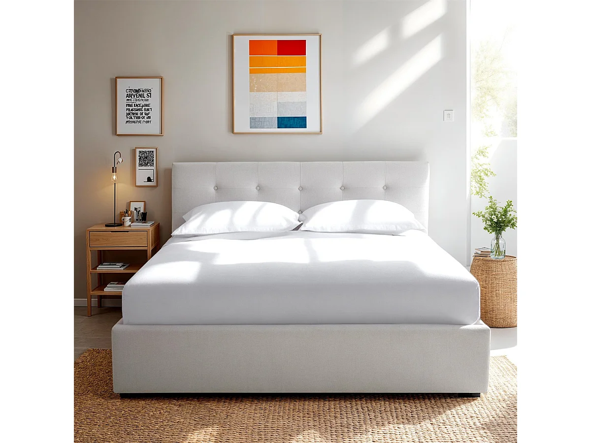 Lit coffre adulte 160x200 cm avec tête de lit matelassée en tissu beige et sommier - Tina