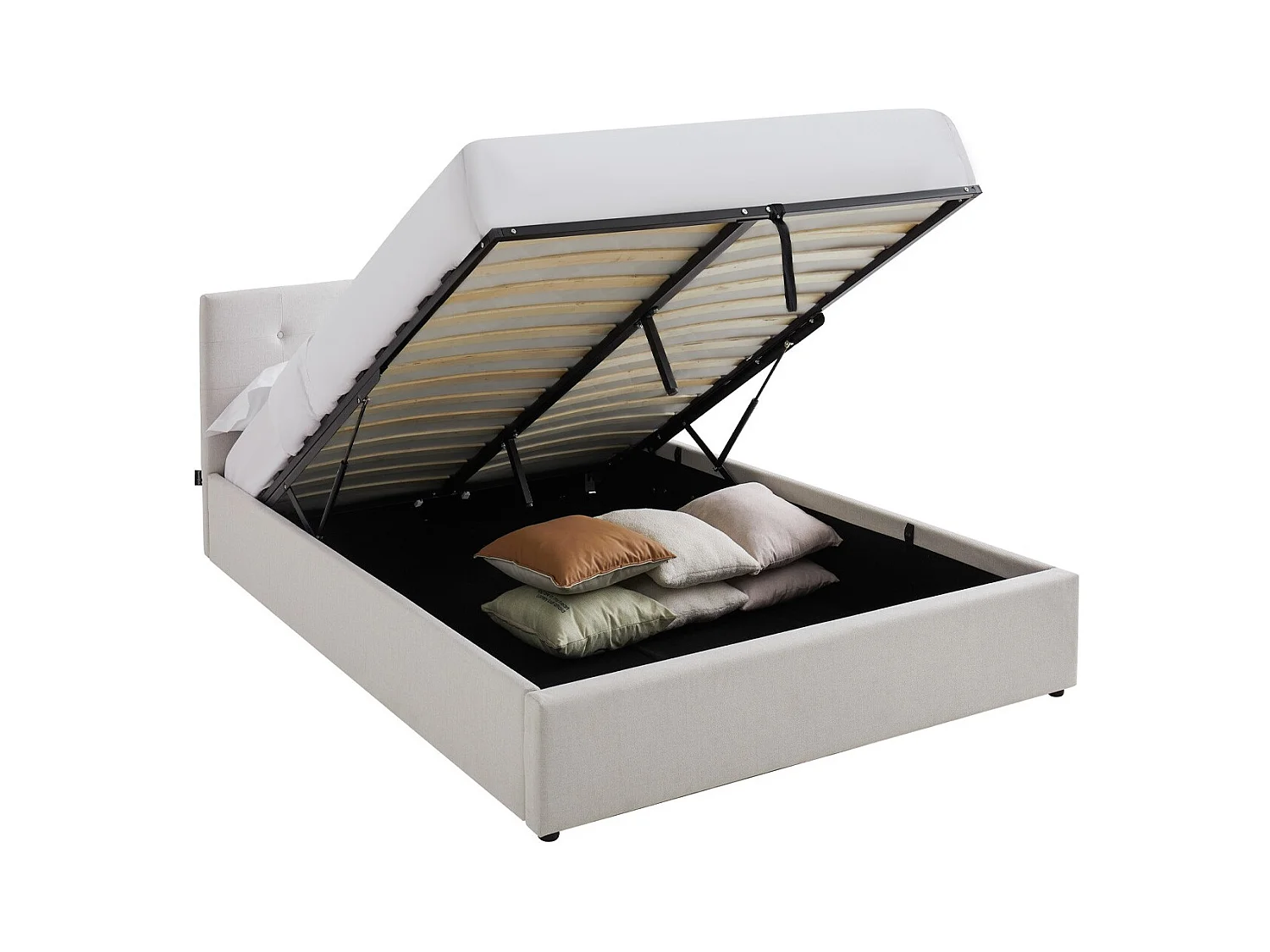 Lit coffre adulte 140x190 cm avec tête de lit matelassée en tissu beige et sommier - Tina